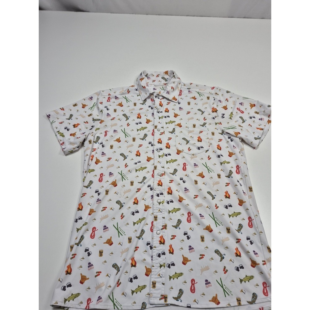 Give'r Shirt Mens S White Fishing Print Short Sleeve Button Up Stretch AOP